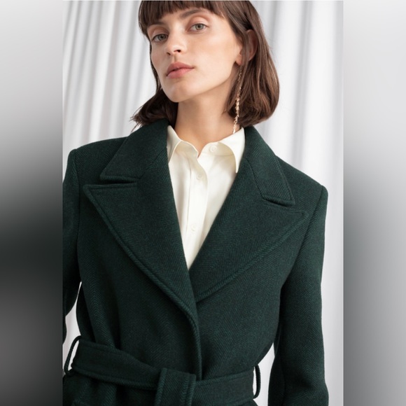 & Other Stories Belted Wool Herringbone Green Coat - Picture 3 of 6